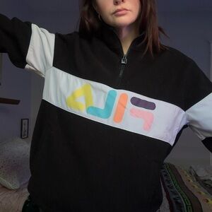FILA Y2K athletic luxe black fleece colorblock quarter zip  pullover —  Size L